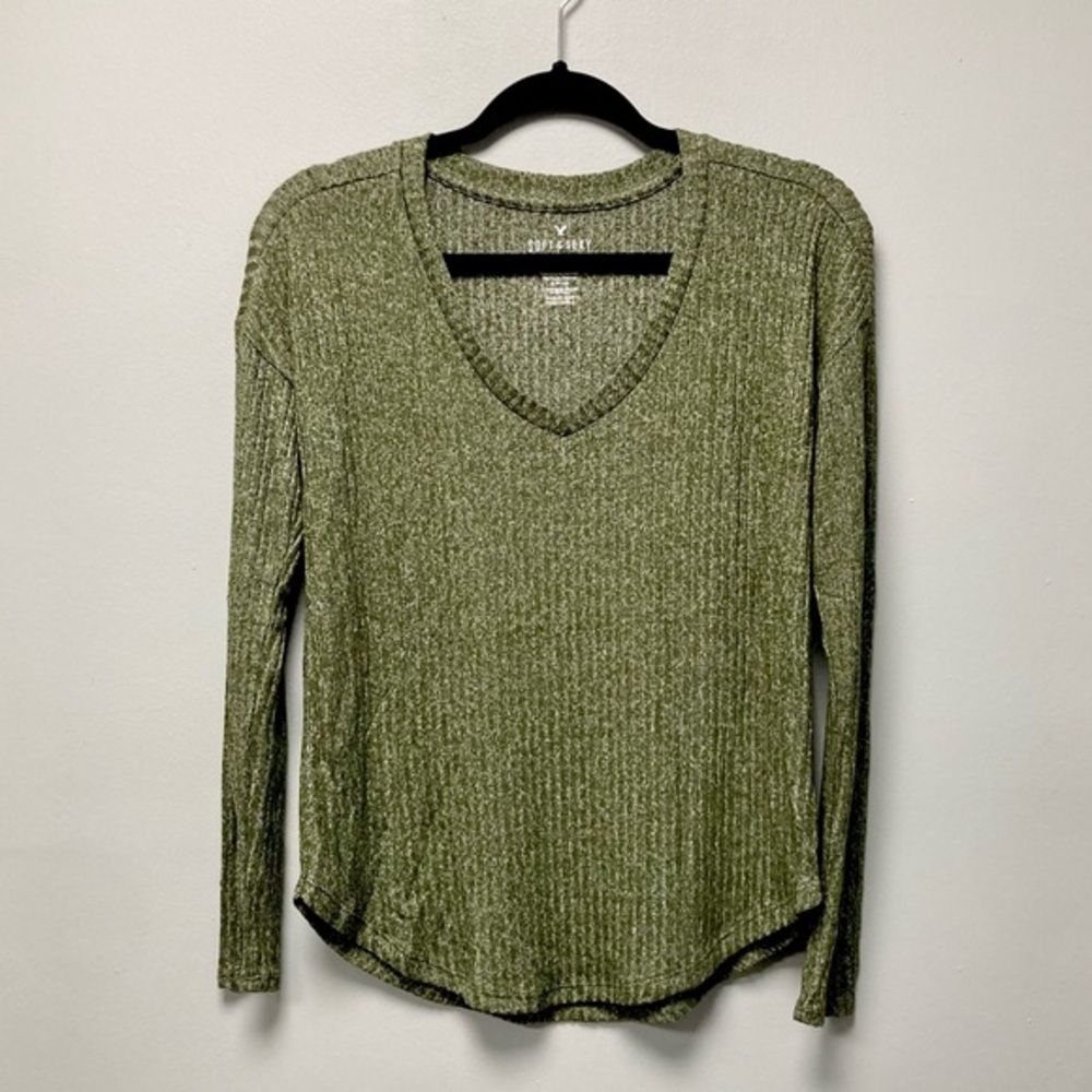 American Eagle Soft & Sexy Ribbed V-Neck Top Olive Green Long‎ Sleeve Small NEW
